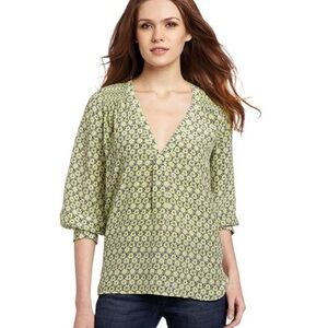 Joie Aceline Silk Geometric Floral Blouse Limor Citron Yellow Smocked